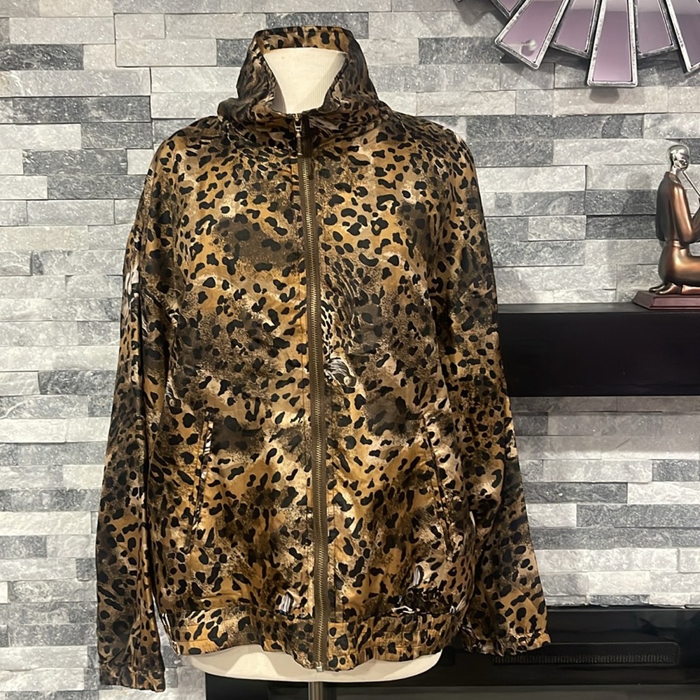 EVR Div Rousso Apparel Group Womens Jacket Brown Leopard Zip 100% Silk Vintage L